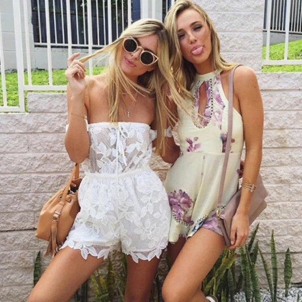 Crochet Inset Mock Halter Keyhole Floral Romper - Picture 8 of 8